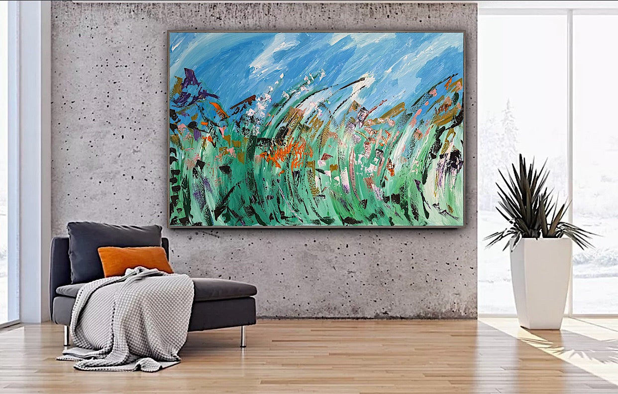 Original Abstract Oil Painting On Canvas 150cm x 100cm Meadow Field Oka floral