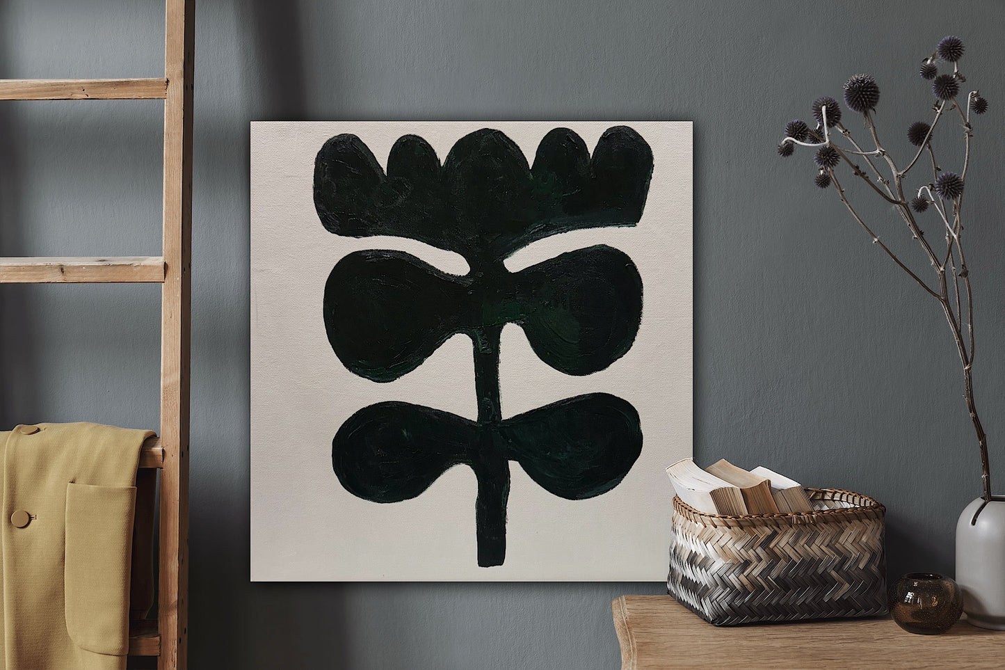 Eferi Plant II Green & White Modern Abstract oil Painting On Canvas 40x40cm In Oka floral