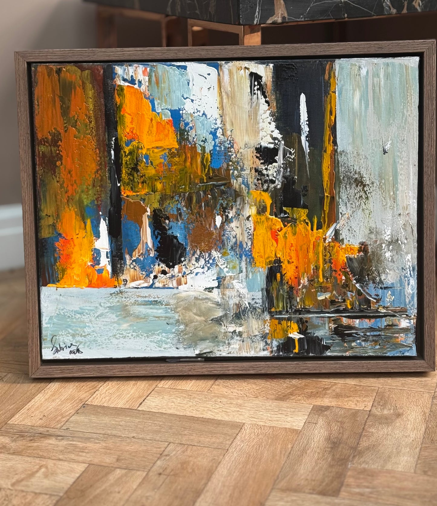 Framed Original Abstract contemporary Oil Painting On Canvas 60x50cm London Dusk Oka