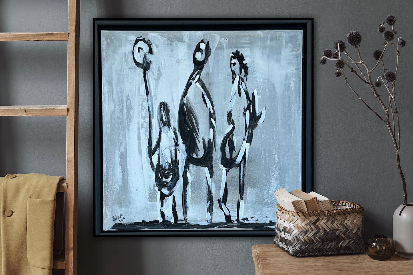 Framed in black Figurative Modern Abstract contemporary oil Painting On Canvas 42 x 42cm family