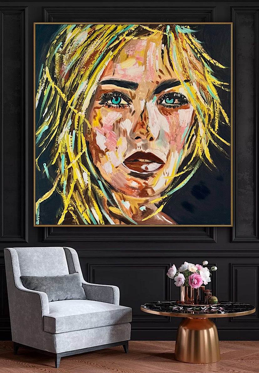 Contemporary Abstract Original Oil Painting On Canvas 90x90cm Blond girl ‘Luna’ woman’s portrait Framed