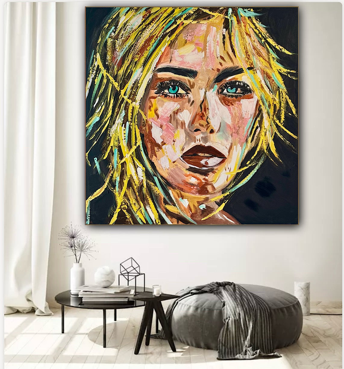 Contemporary Abstract Original Oil Painting On Canvas 90x90cm Blond girl ‘Luna’ woman’s portrait Framed