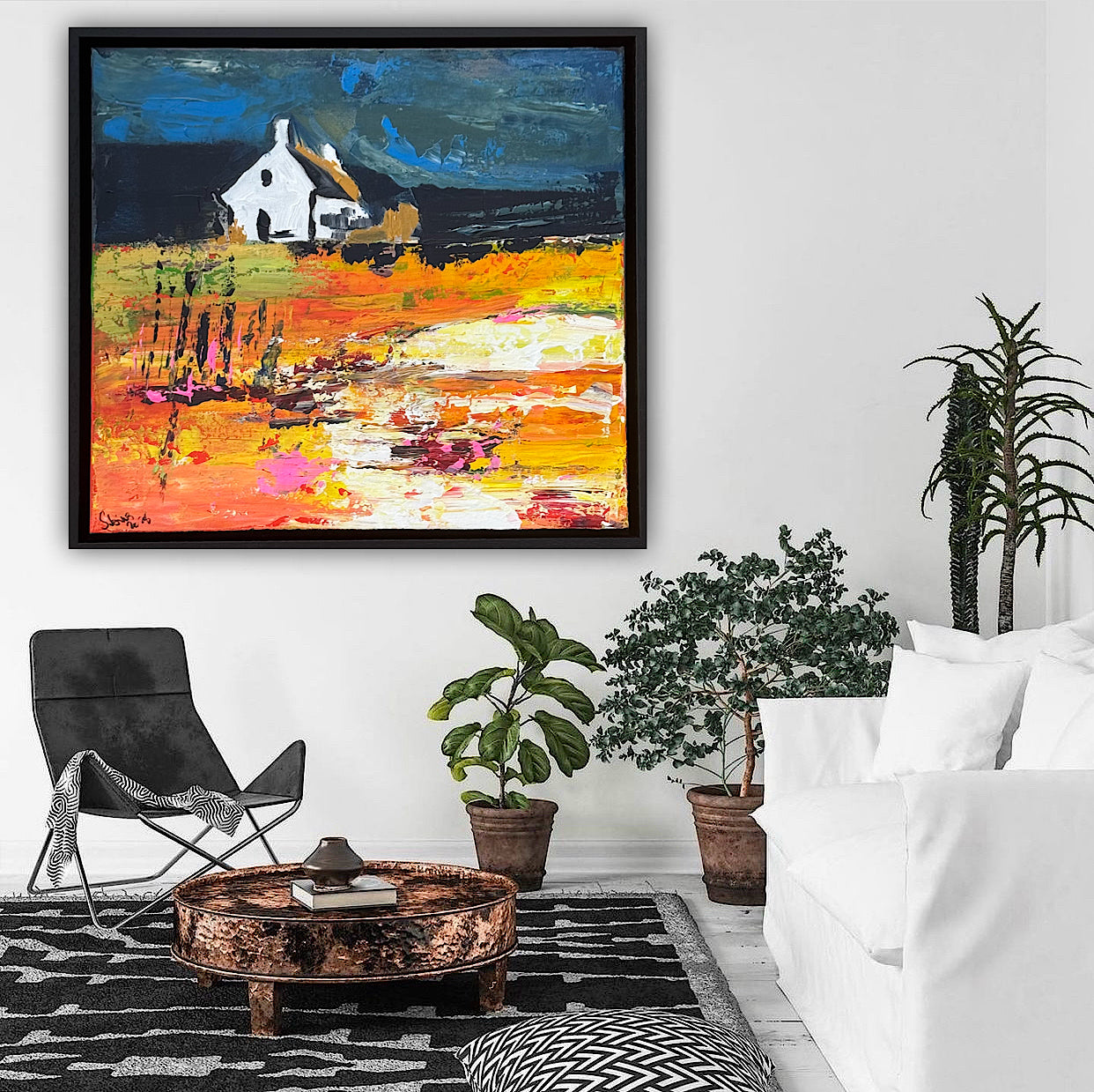Framed Original Abstract contemporary Oil Painting On Canvas 43x40cm Magazine Irish House on a Hill Oka