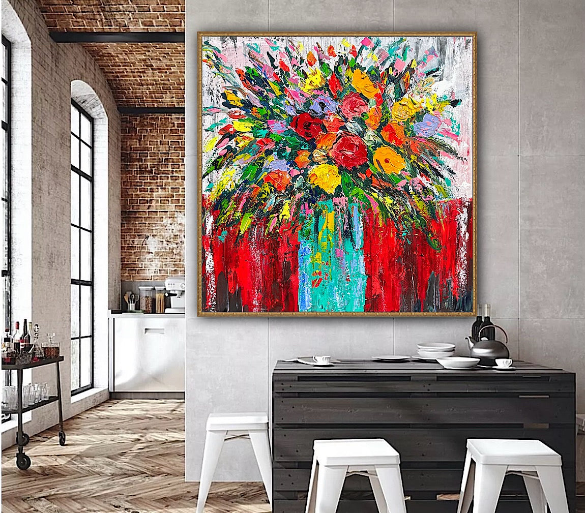 Original Abstract Oil Painting On 4cm Canvas 80 x 80cm Floral Sunflowers
