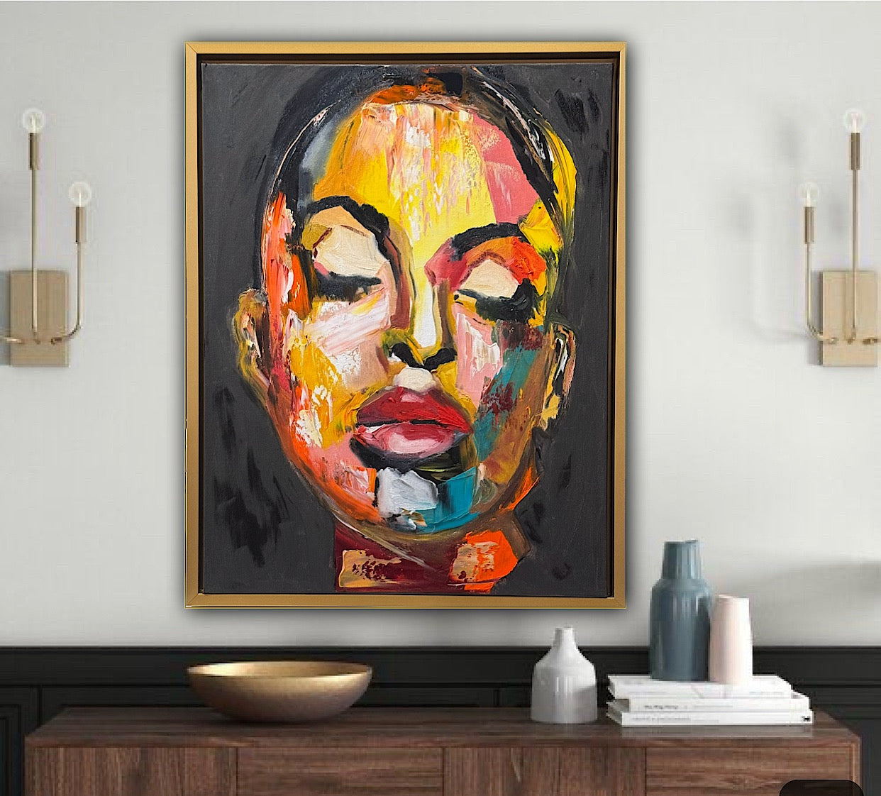 Framed in gold bronze Original Abstract Oil Painting On Canvas 57 x45cm The Beauty Queen’ Girl Oka portrait