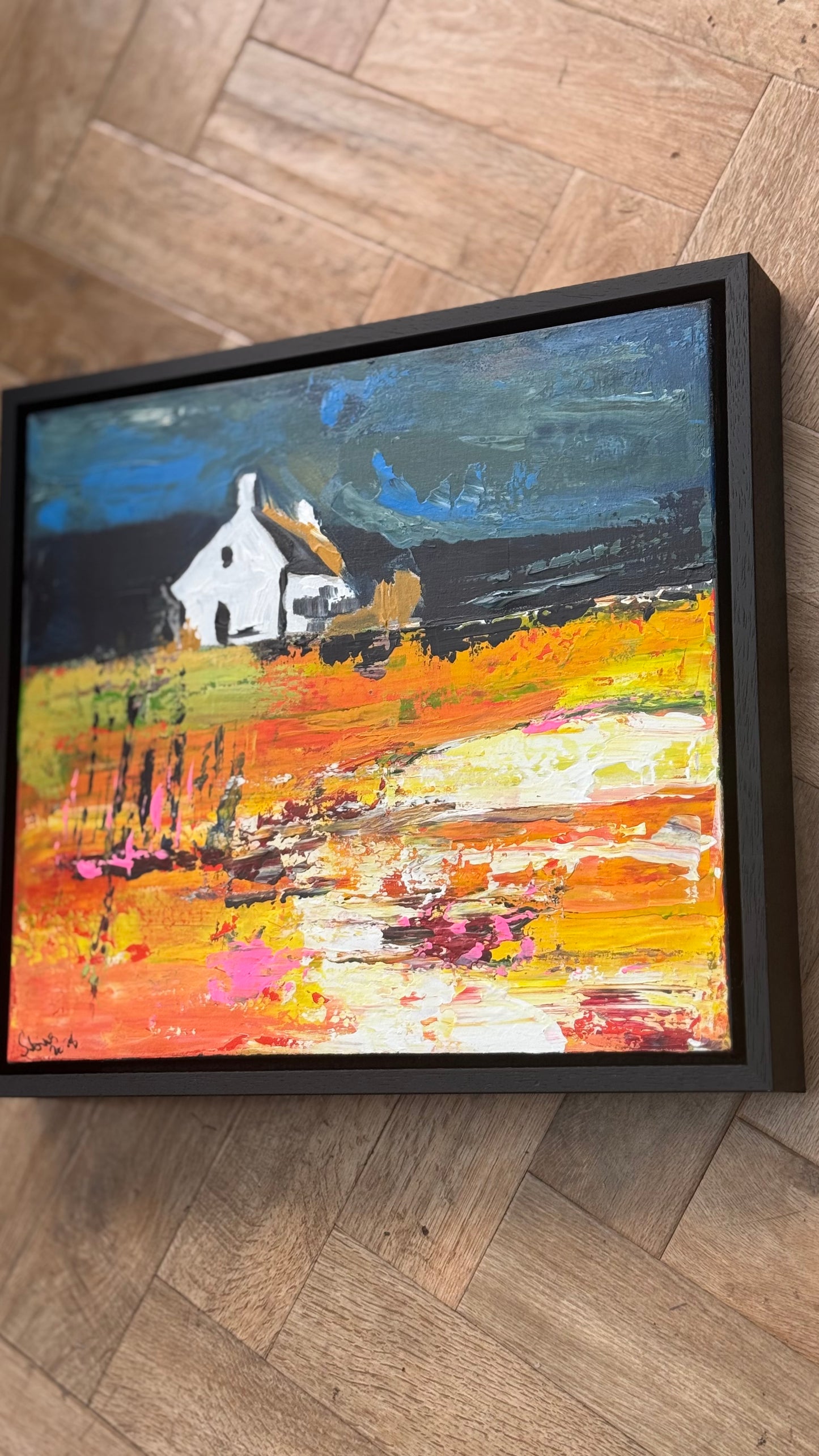 Framed Original Abstract contemporary Oil Painting On Canvas 43x40cm Magazine Irish House on a Hill Oka