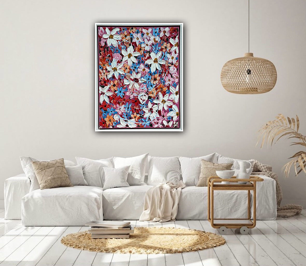 Original Abstract Oil Painting On Canvas 80 x 65cm Daisies in bloom textured framed