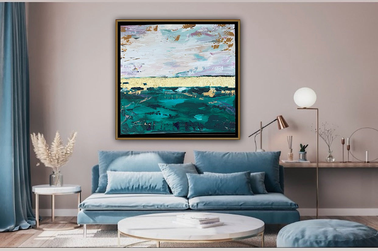 Framed in antique gold Textured Original Abstract Oil Painting On Canvas 70x70cm Seascape with gold leaf