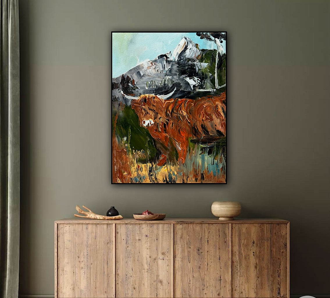 Abstract Original Oil Painting On 30 x 40cm Canvas Aboriginal highland cow ‘Bertie’ animal