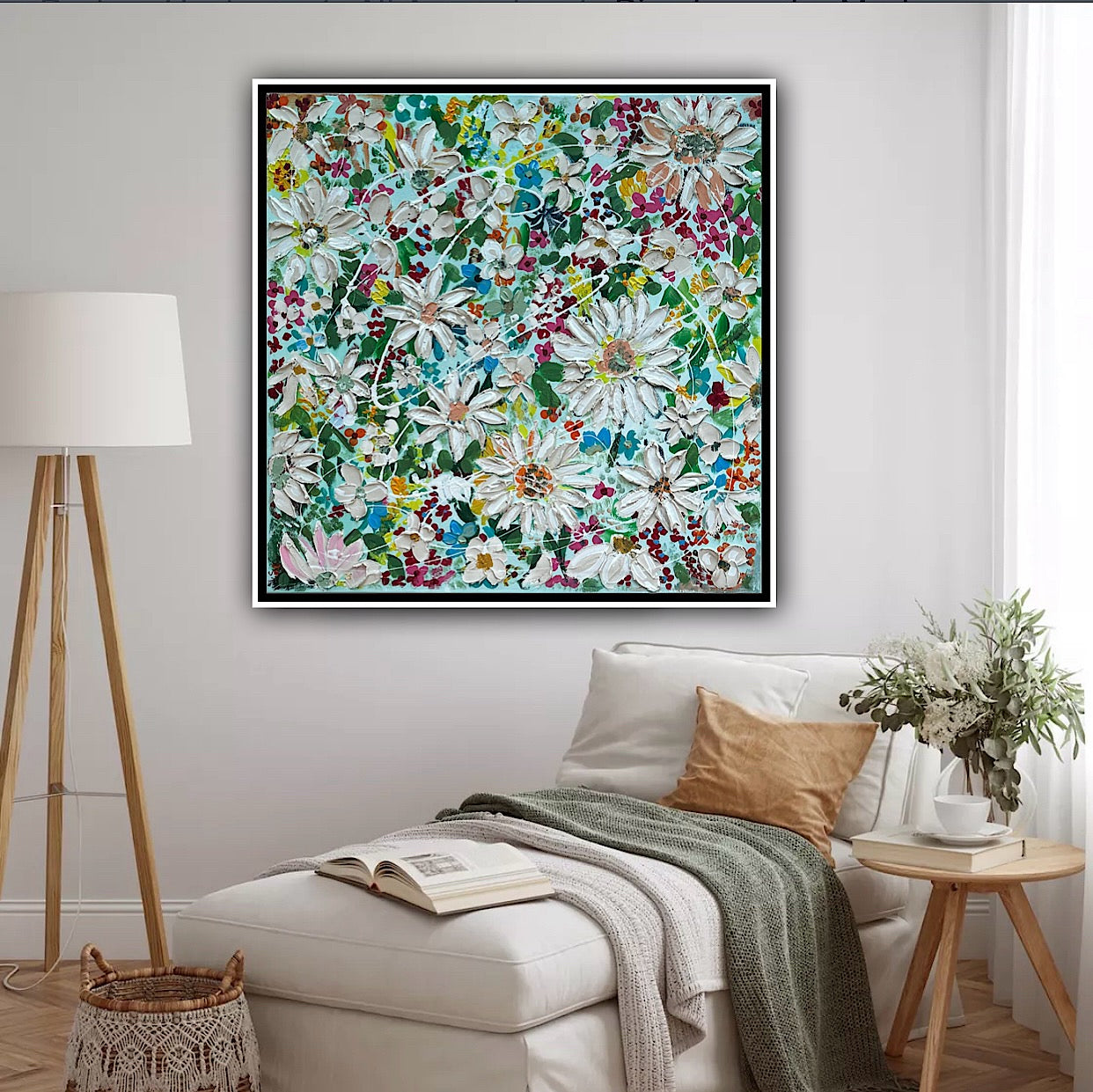 Framed Original Abstract Oil Painting On Canvas 80x80cm Daisies & more Flowers Textured