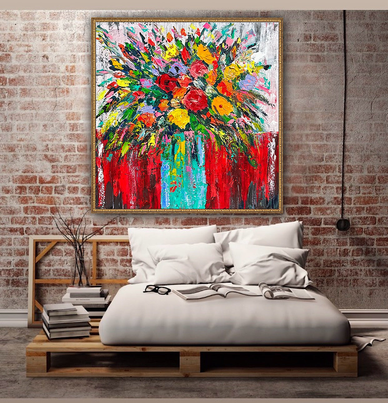 Original Abstract Oil Painting On 4cm Canvas 80 x 80cm Floral Sunflowers