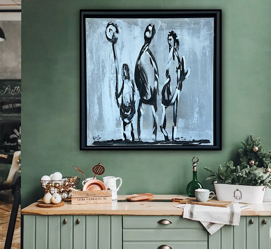 Framed in black Figurative Modern Abstract contemporary oil Painting On Canvas 42 x 42cm family
