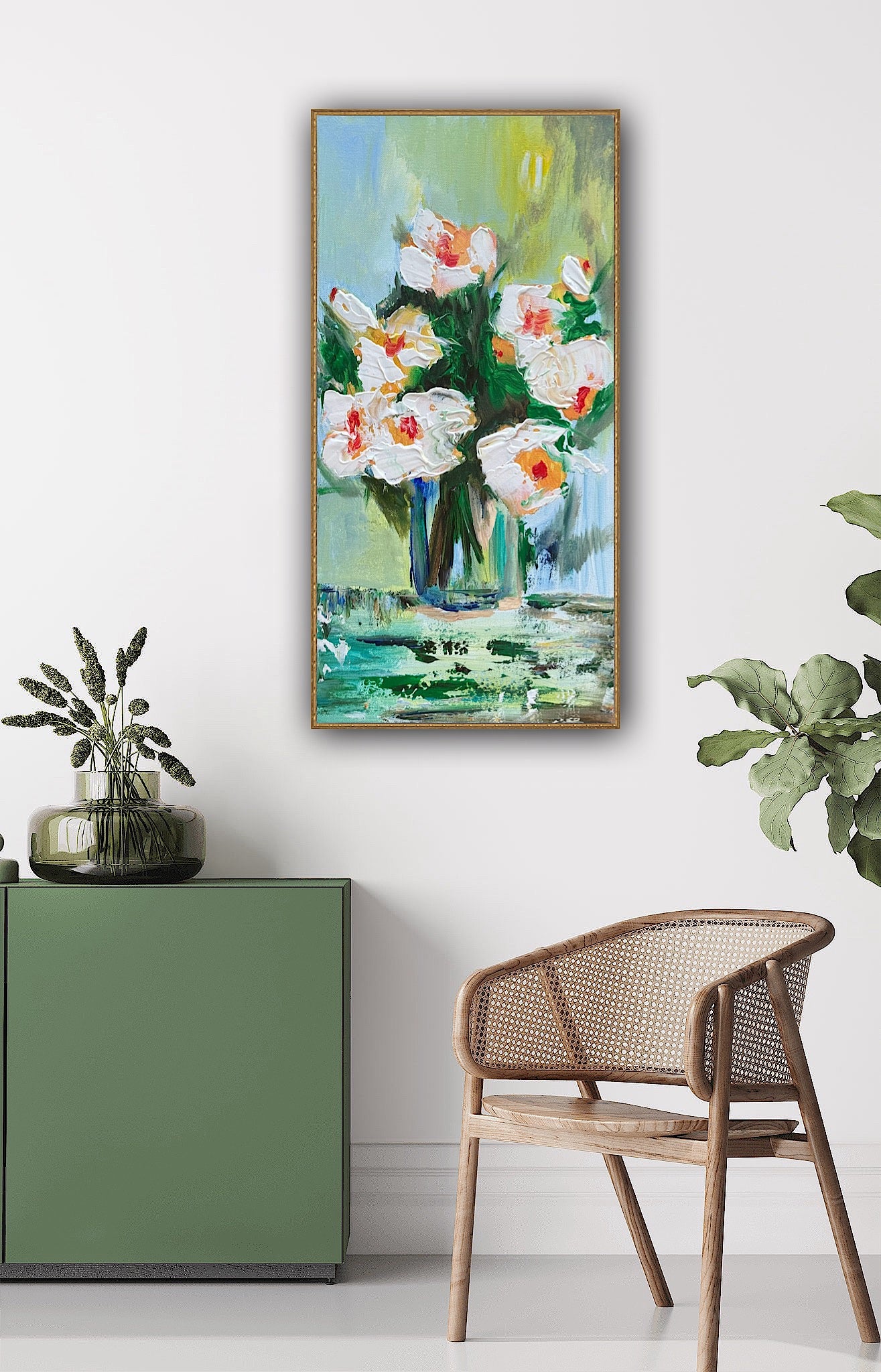 Oka Contemporary Abstract Original Oil Painting on 30cm x 60cm canvas textured White Roses floral love