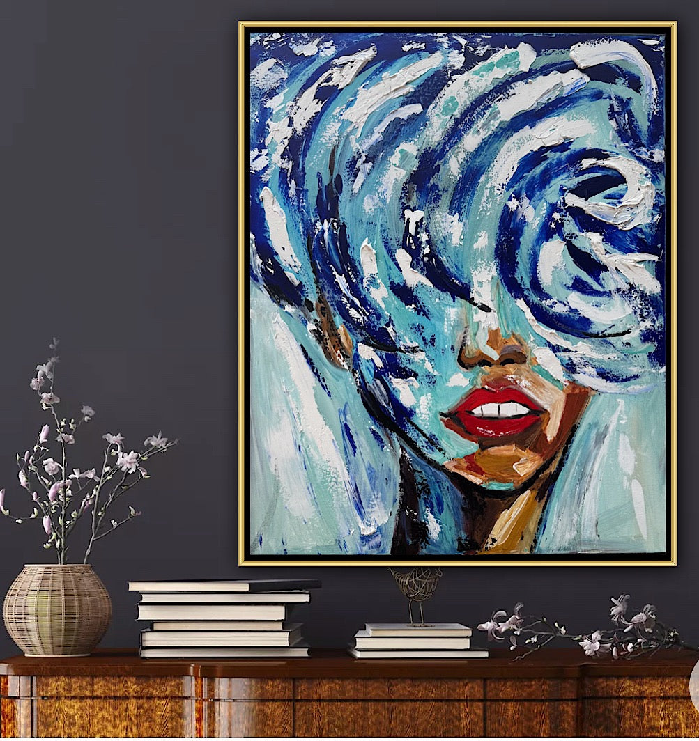 Large Abstract Original Oil Painting On 80x70cm canvas Waves Woman texture Vogue portrait framed in gold bespoke frame