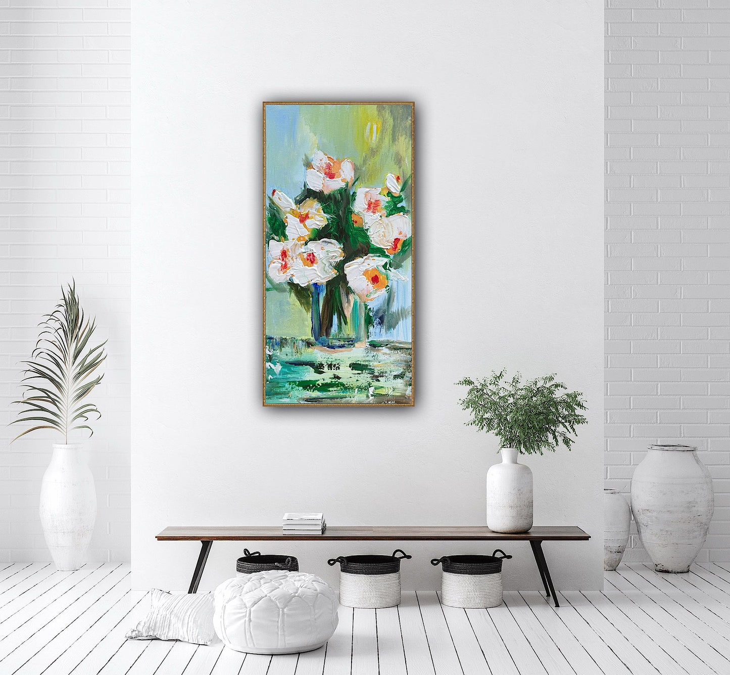 Oka Contemporary Abstract Original Oil Painting on 30cm x 60cm canvas textured White Roses floral love
