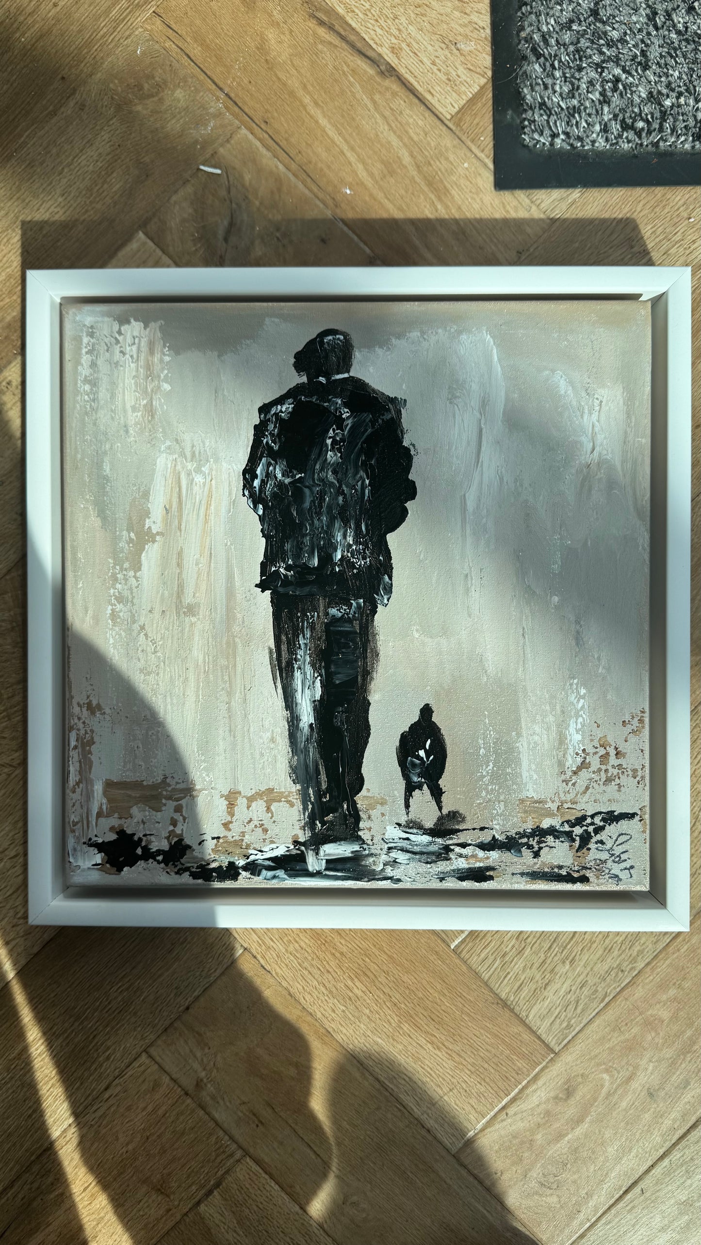 Oka Contemporary Abstract Original Oil Painting on canvas 33 x 33cm textured Pals man with a dog