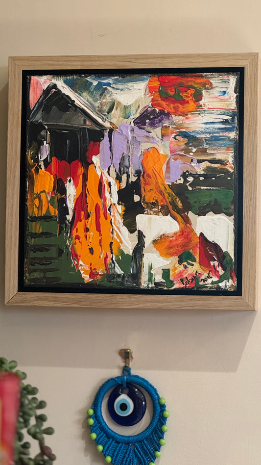 Framed Original Abstract contemporary Oil Painting On Canvas 30 x 30cm House on a Hill Oka