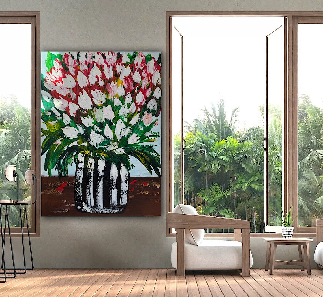Large Abstract Original Oil Painting On 100x80cm canvas Flowers White Tulips III