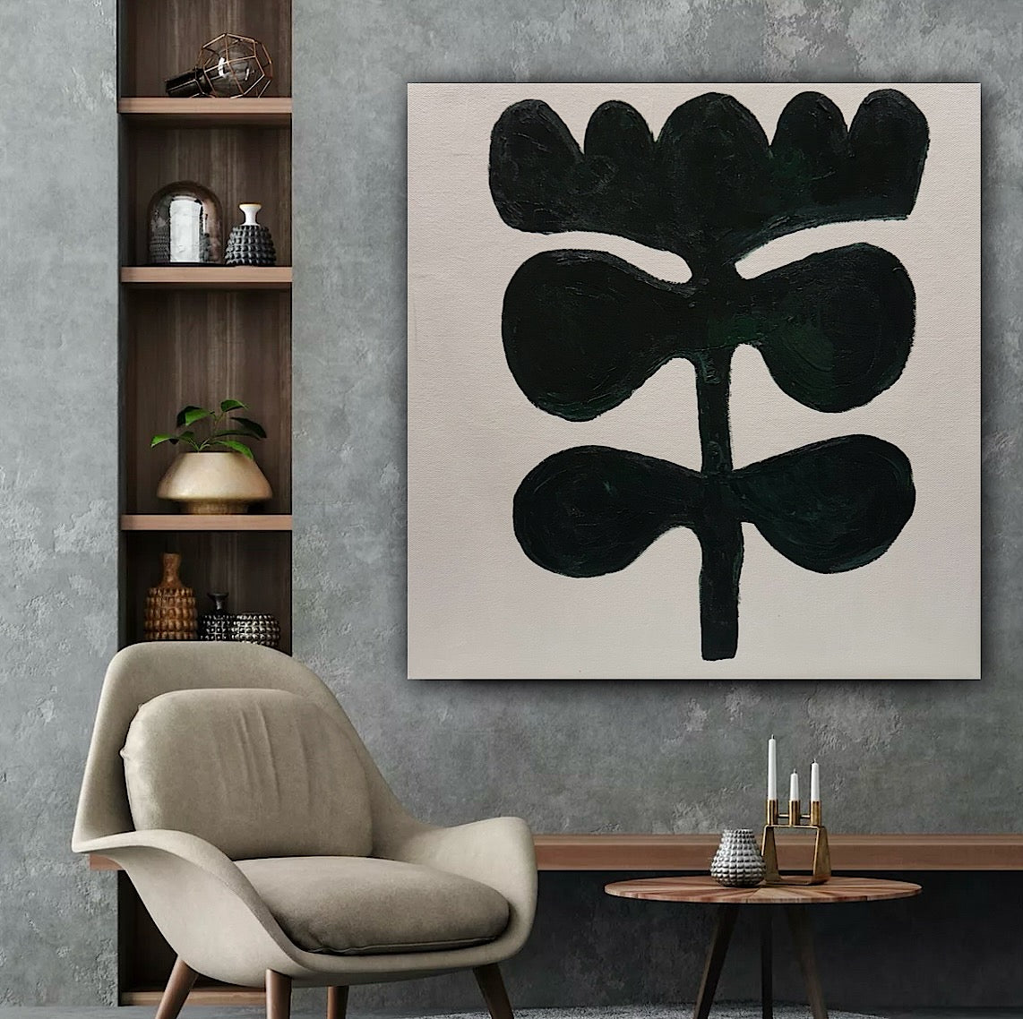 Eferi Plant II Green & White Modern Abstract oil Painting On Canvas 40x40cm In Oka floral