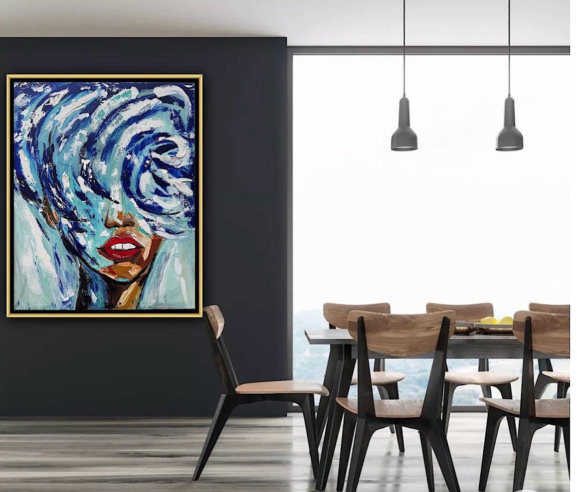 Large Abstract Original Oil Painting On 80x70cm canvas Waves Woman texture Vogue portrait framed in gold bespoke frame