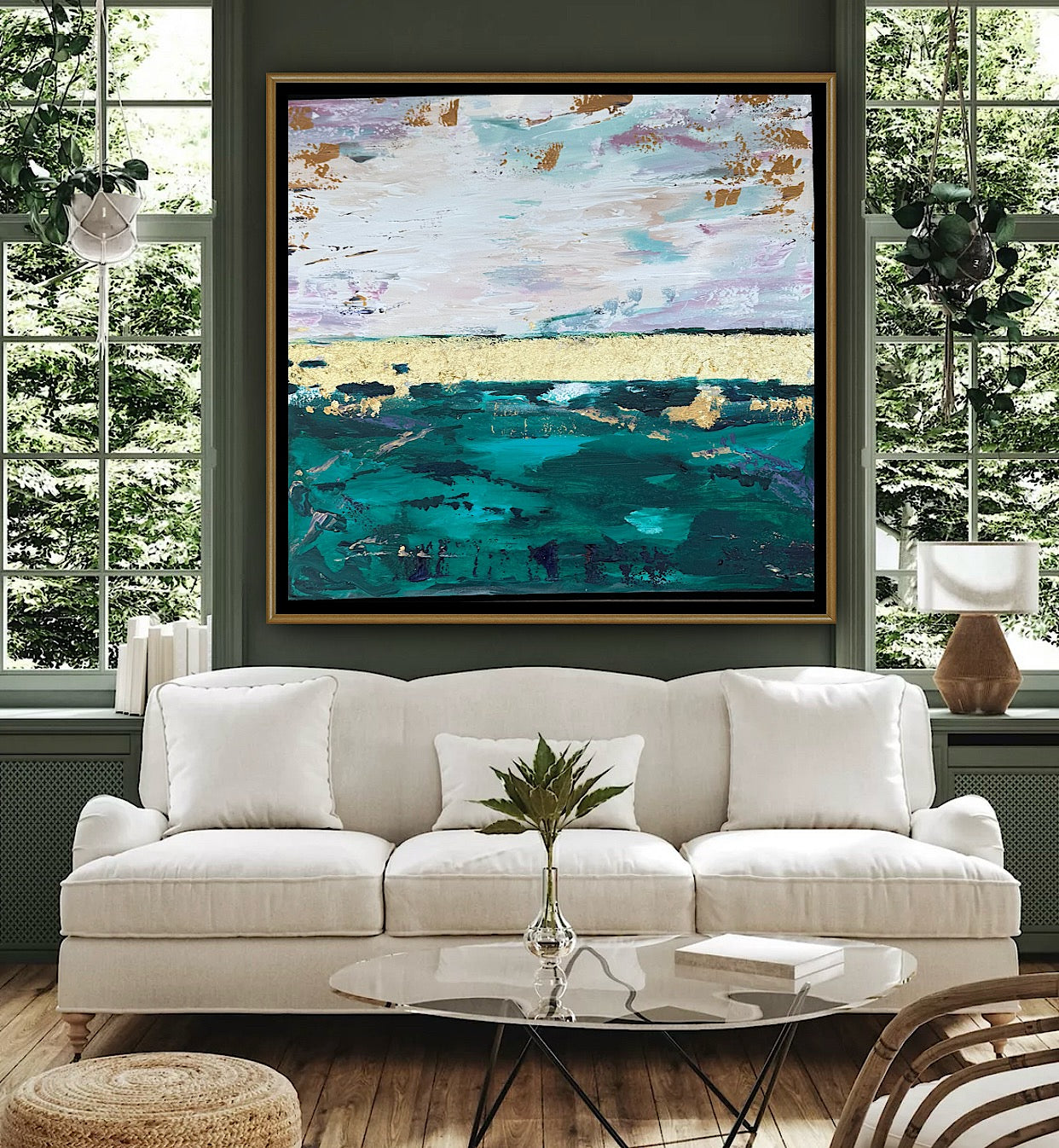 Framed in antique gold Textured Original Abstract Oil Painting On Canvas 70x70cm Seascape with gold leaf