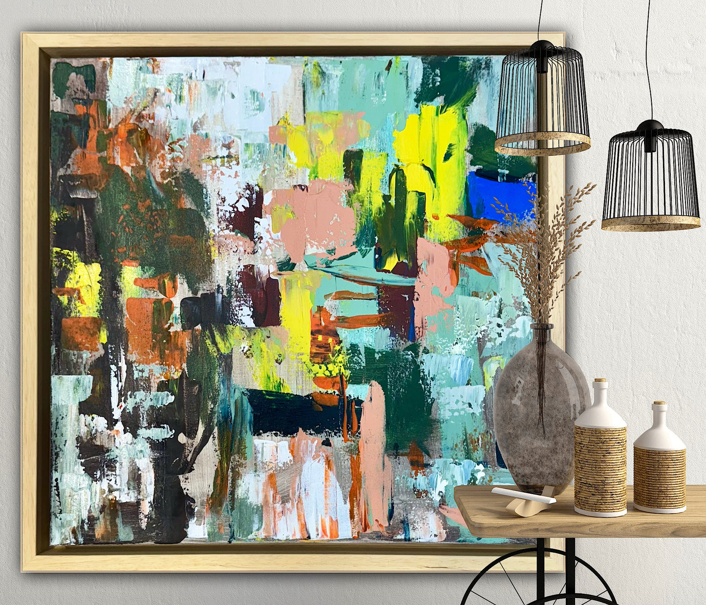 Framed Original Abstract Oil Painting On Canvas 52 x 52cm city lights Oka
