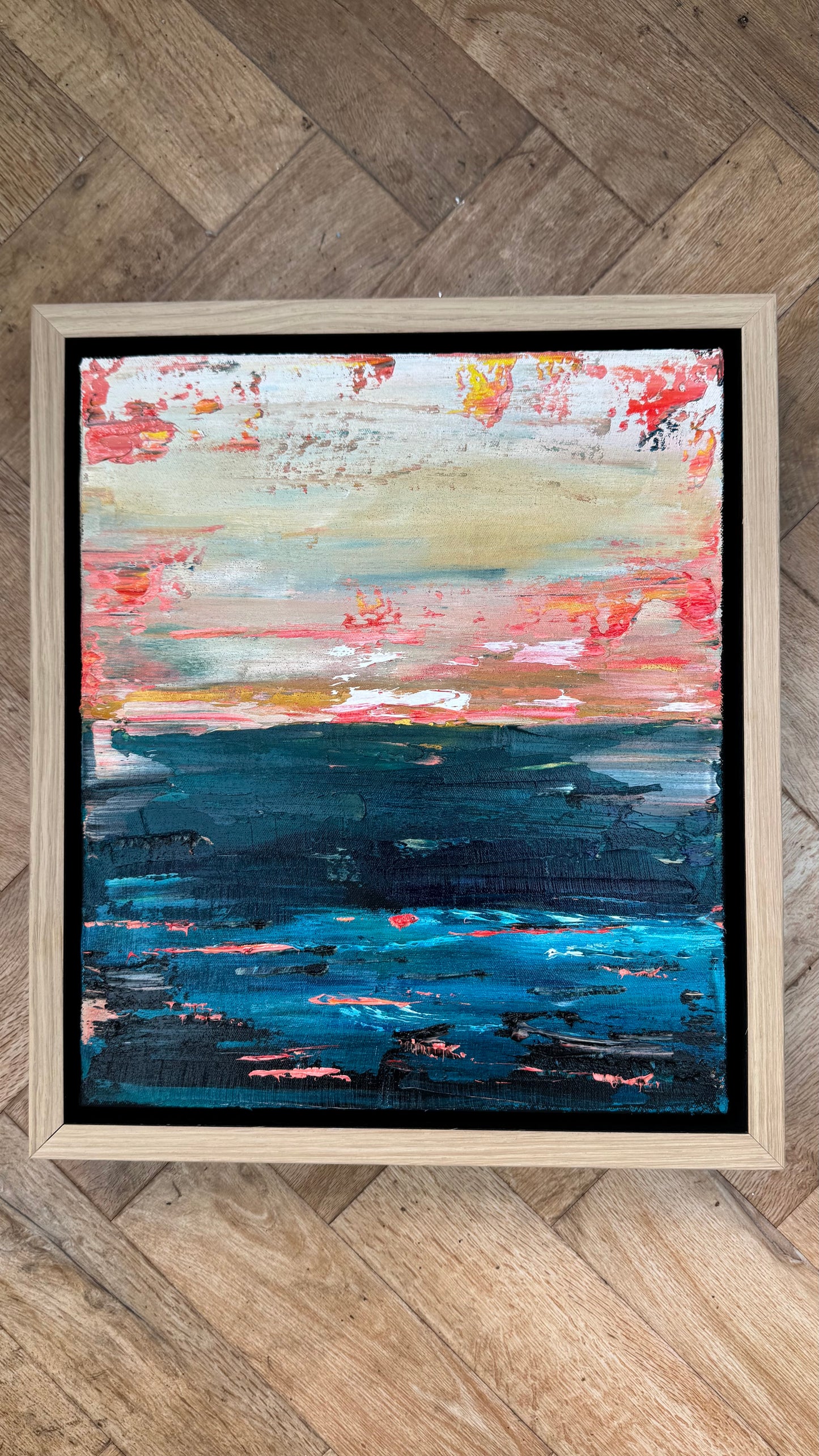 Framed in oak Original Abstract contemporary Oil Painting On Canvas 38x33cm textured Oka Elysian Waters