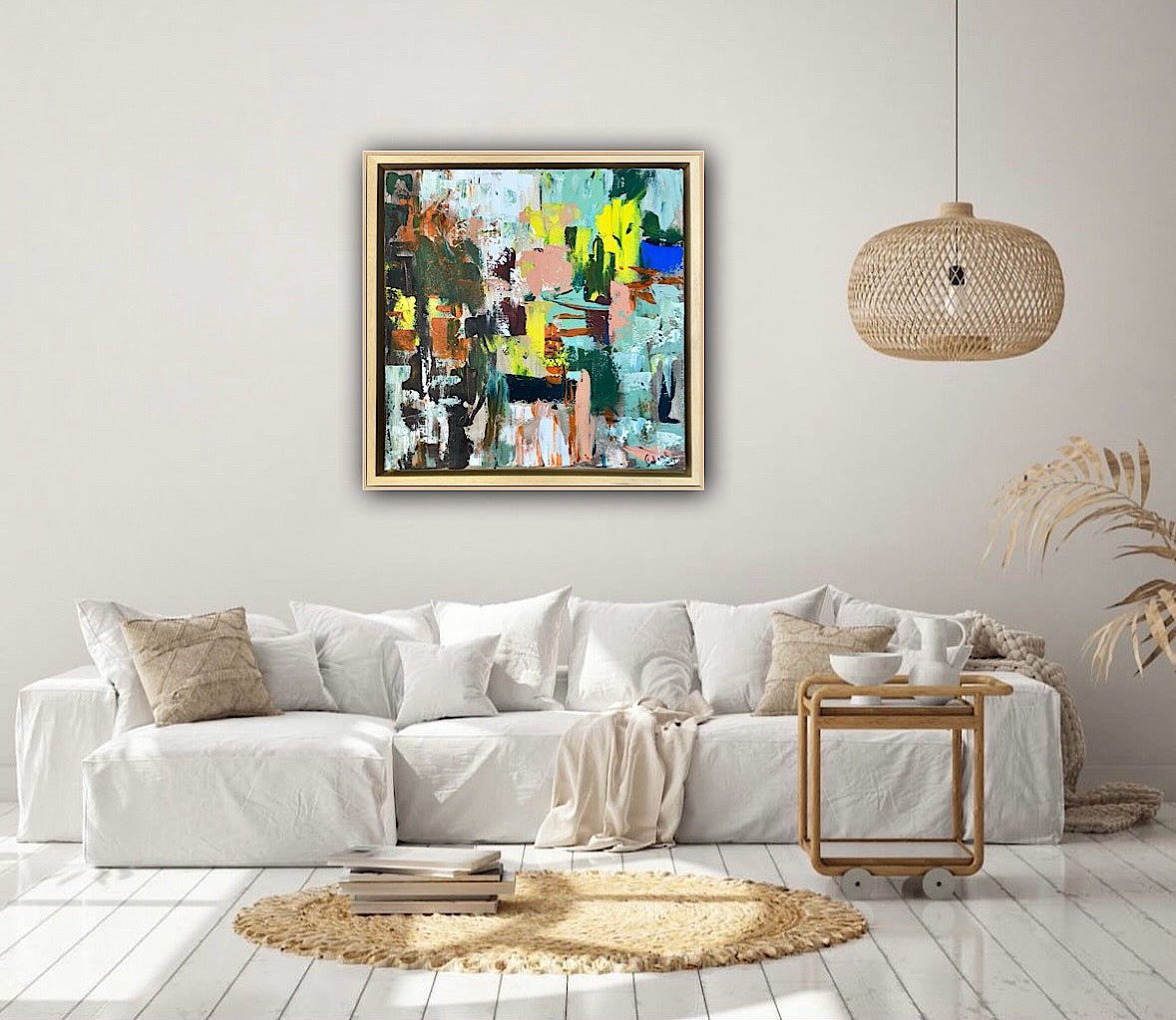 Framed Original Abstract Oil Painting On Canvas 52 x 52cm city lights Oka