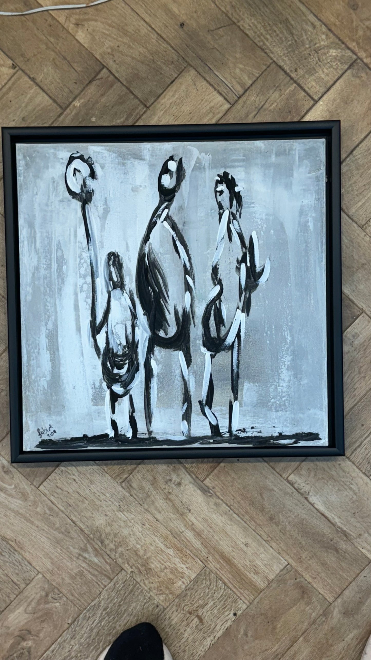 Framed in black Figurative Modern Abstract contemporary oil Painting On Canvas 42 x 42cm family