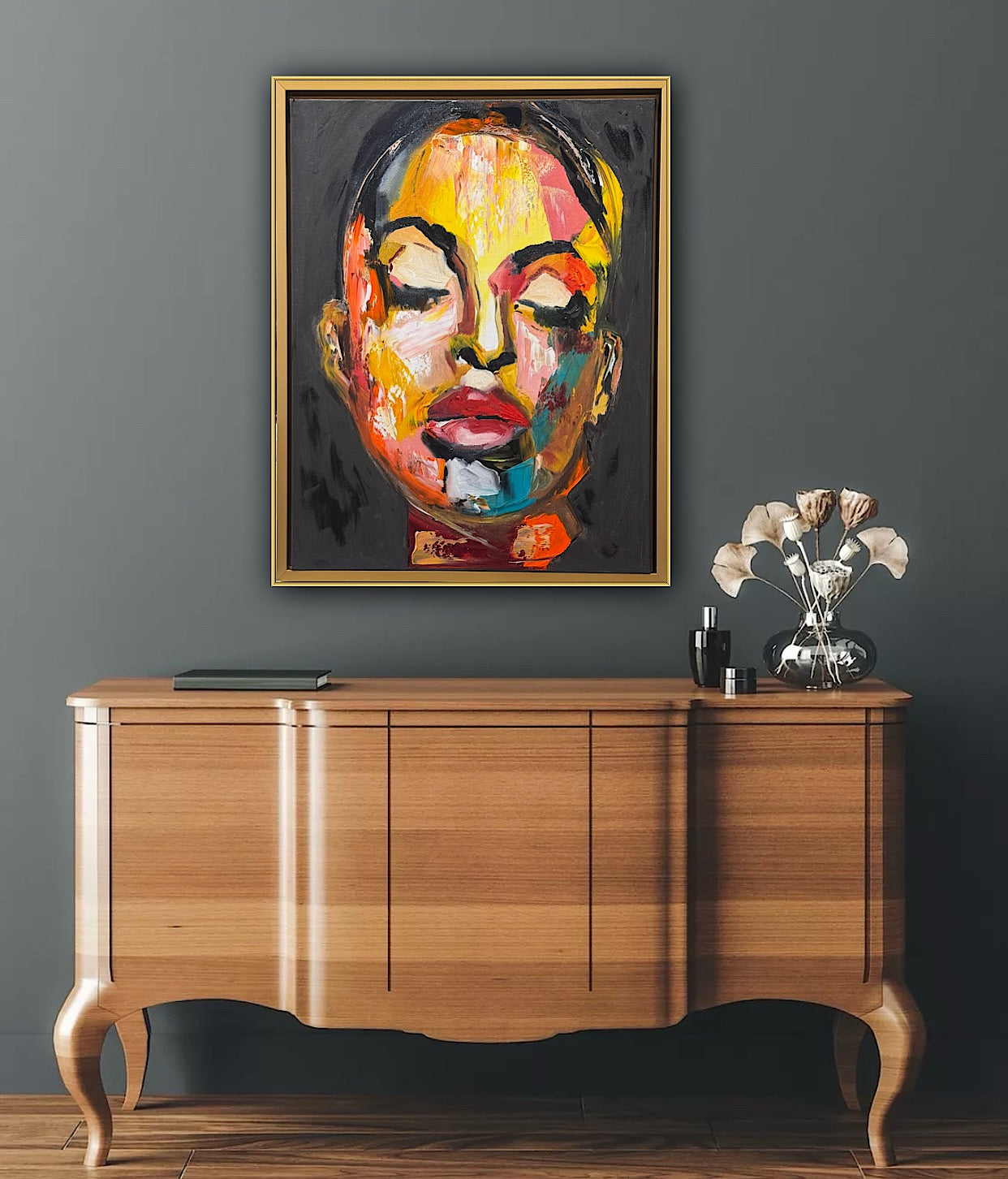Framed in gold bronze Original Abstract Oil Painting On Canvas 57 x45cm The Beauty Queen’ Girl Oka portrait
