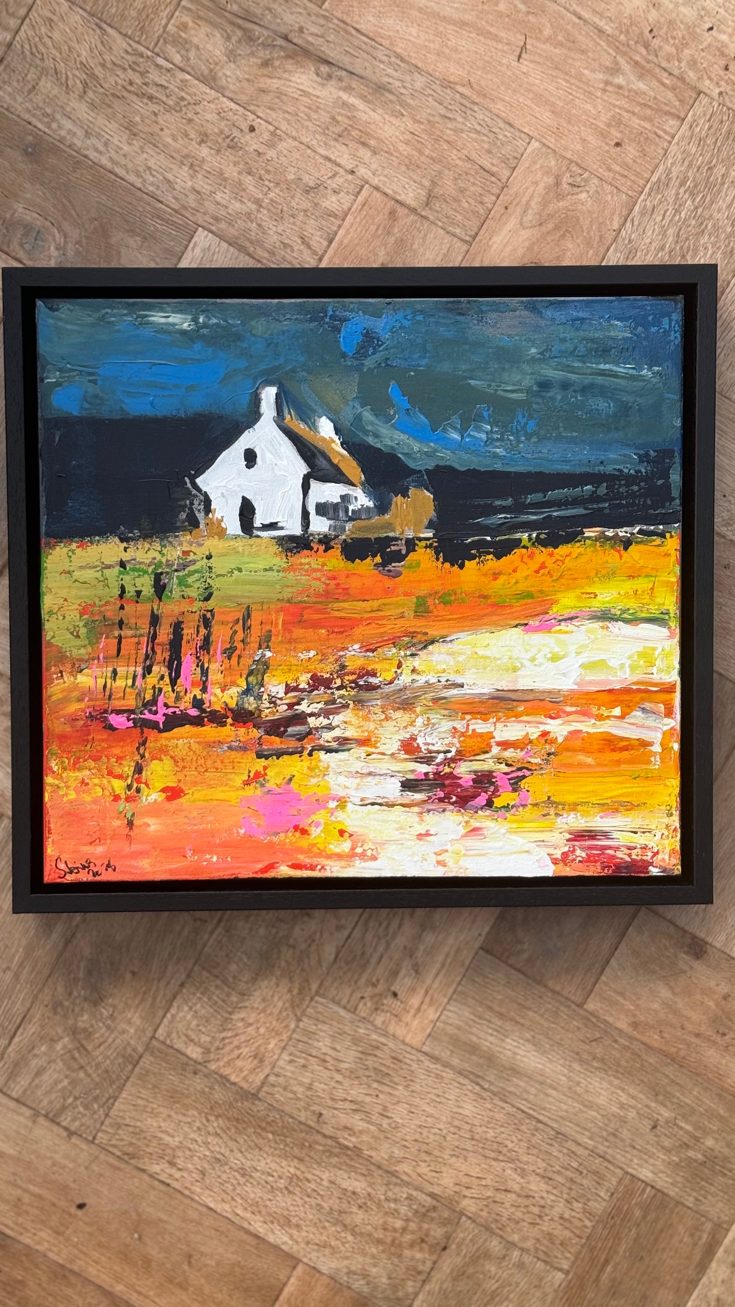 Framed Original Abstract contemporary Oil Painting On Canvas 43x40cm Magazine Irish House on a Hill Oka
