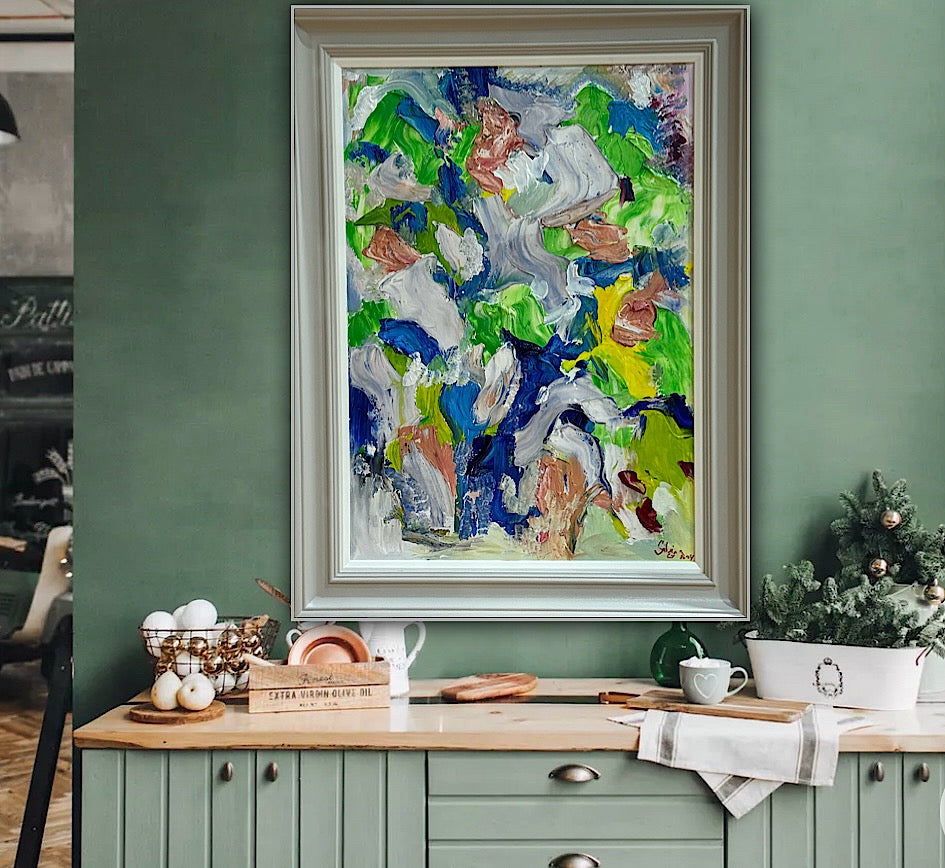 Framed Original Abstract contemporary Oil Painting On Canvas 52x70cm Floral Oka