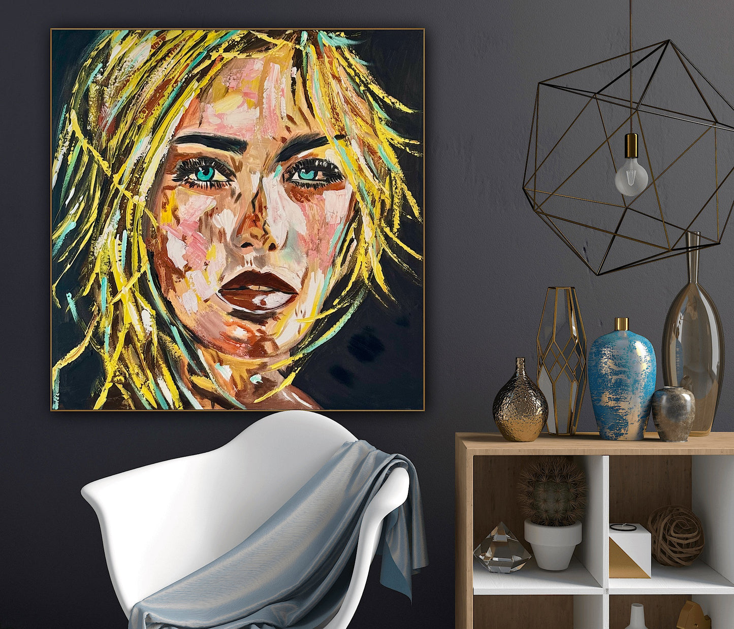 Contemporary Abstract Original Oil Painting On Canvas 90x90cm Blond girl ‘Luna’ woman’s portrait Framed