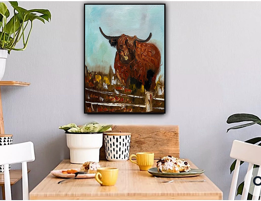 Abstract Original Oil Painting On 30 x 40cm Canvas Aboriginal highland cow ‘Bernie’ animal