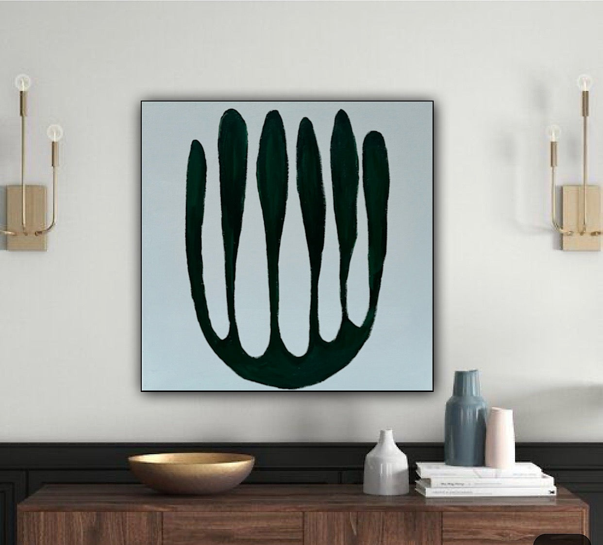Eferi Plant Green & White Modern Abstract oil Painting On Canvas 40x40cm In Oka floral