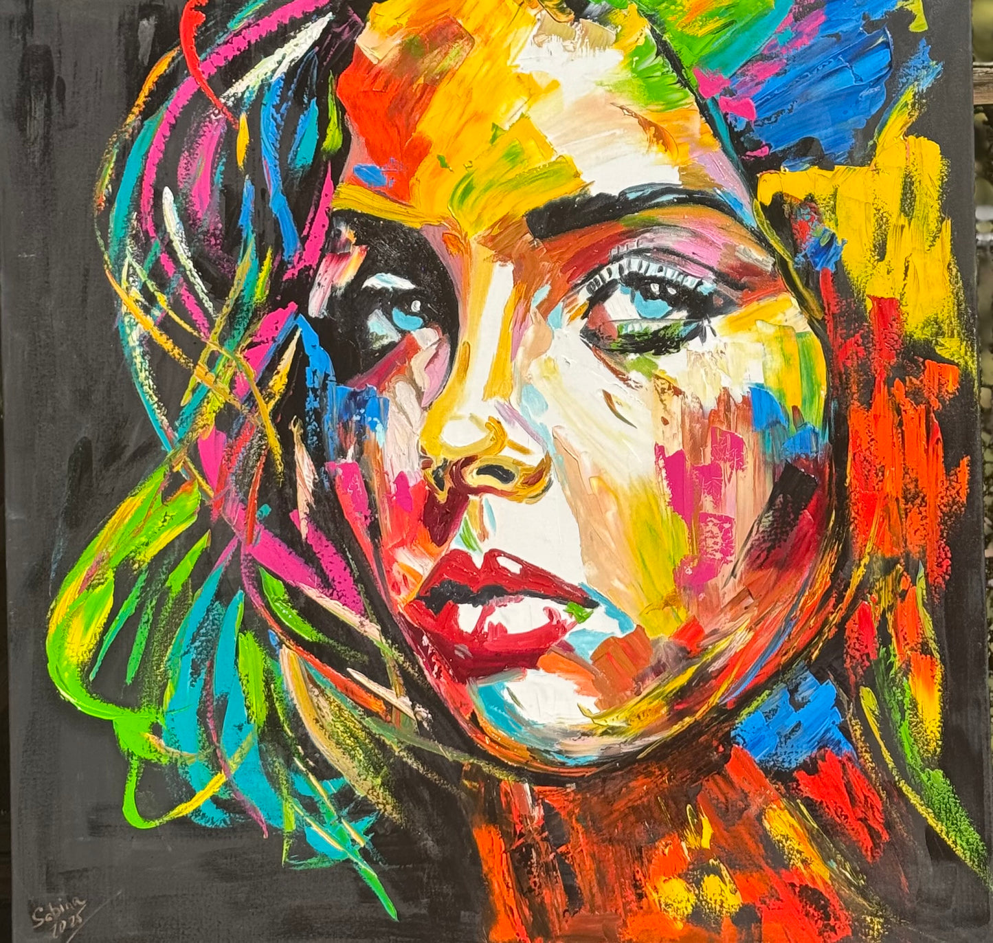 Modern Style Abstract Original Oil Painting On 100 x 100cm canvas Pillow talk woman portrait framed in black and gold frame