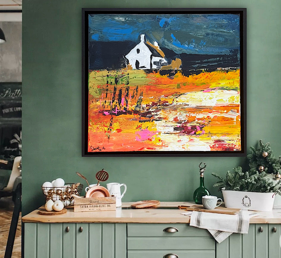 Framed Original Abstract contemporary Oil Painting On Canvas 43x40cm Magazine Irish House on a Hill Oka
