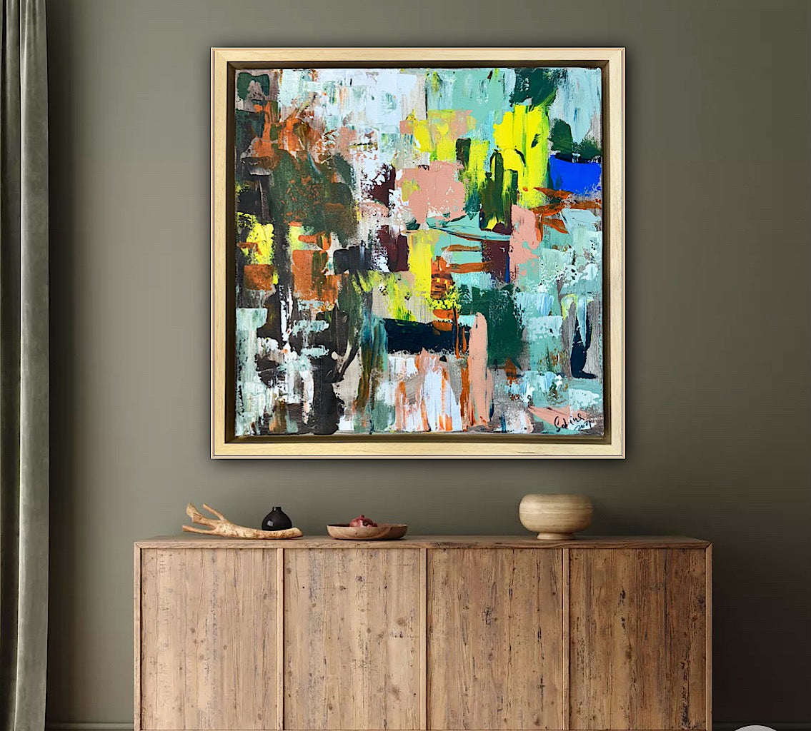 Framed Original Abstract Oil Painting On Canvas 52 x 52cm city lights Oka