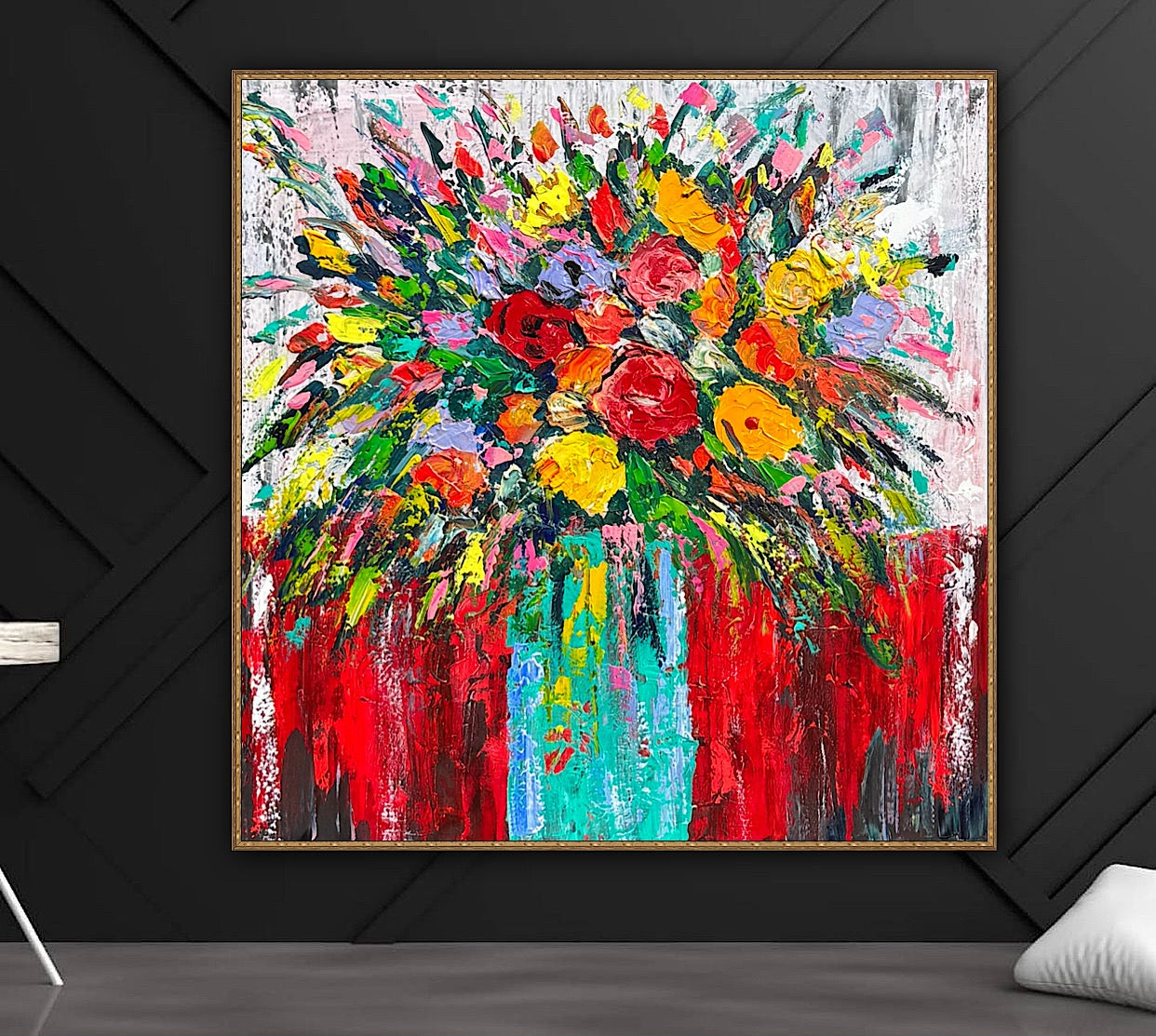 Original Abstract Oil Painting On 4cm Canvas 80 x 80cm Floral Sunflowers