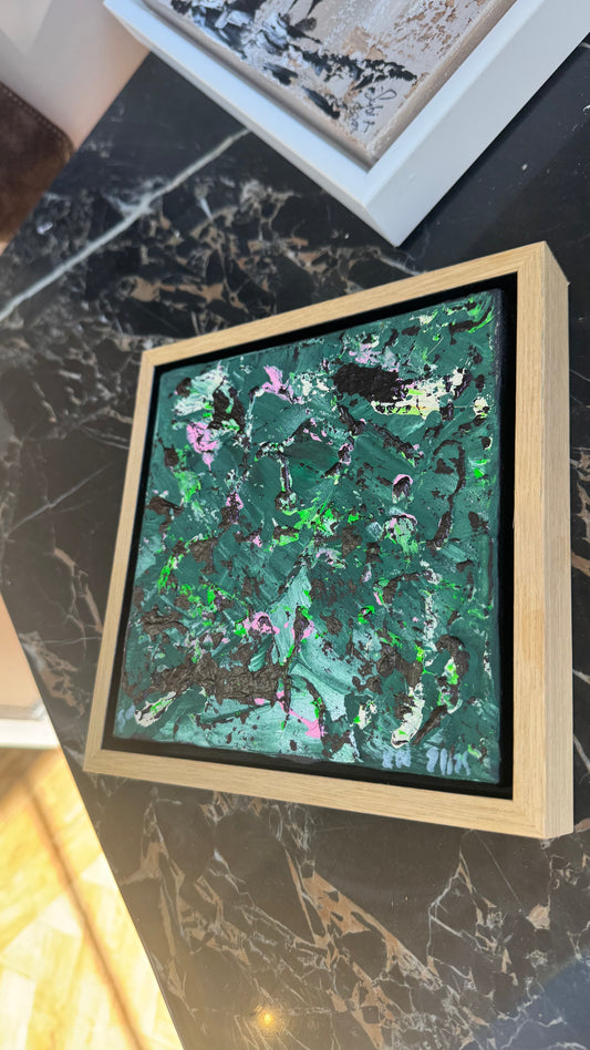 Framed in oak Original Abstract contemporary Oil Painting On Canvas 20 x 20Cm Orchard oka