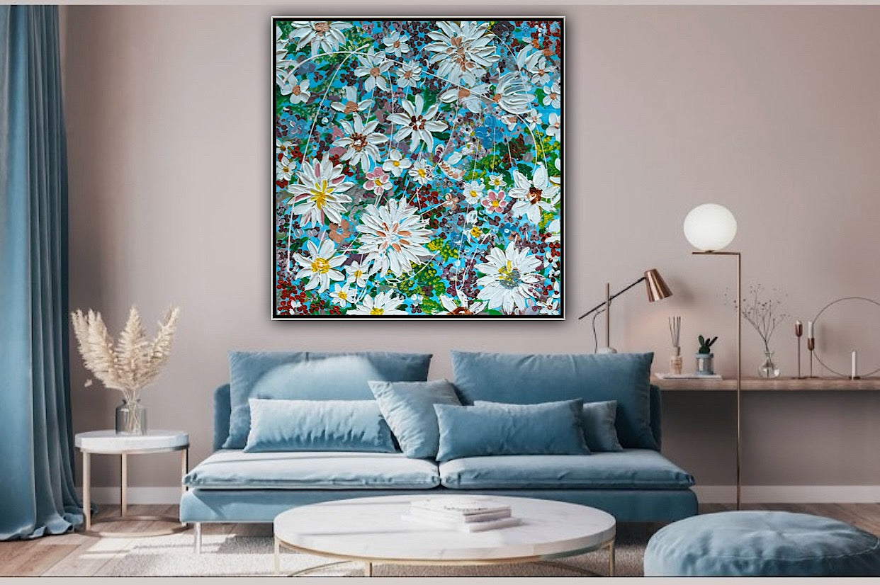 Original Abstract Oil Painting On Canvas 90 x 90cm Flowers in bloom textured framed