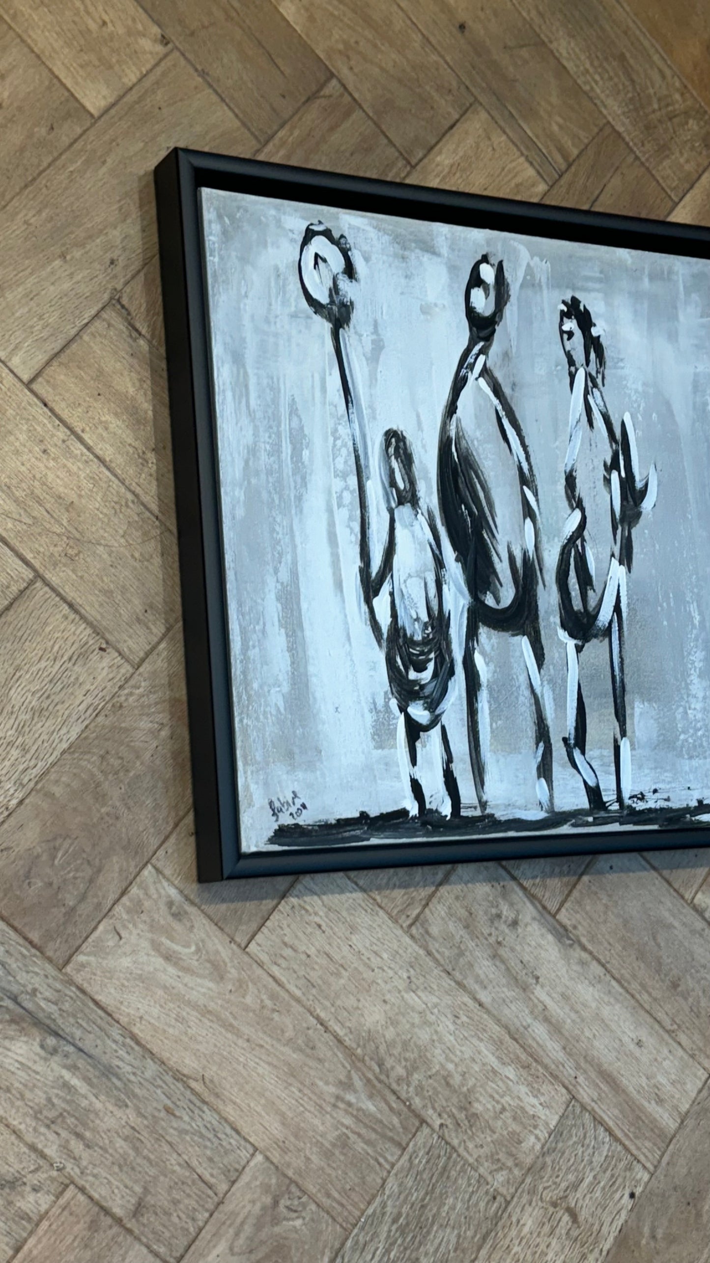 Framed in black Figurative Modern Abstract contemporary oil Painting On Canvas 42 x 42cm family