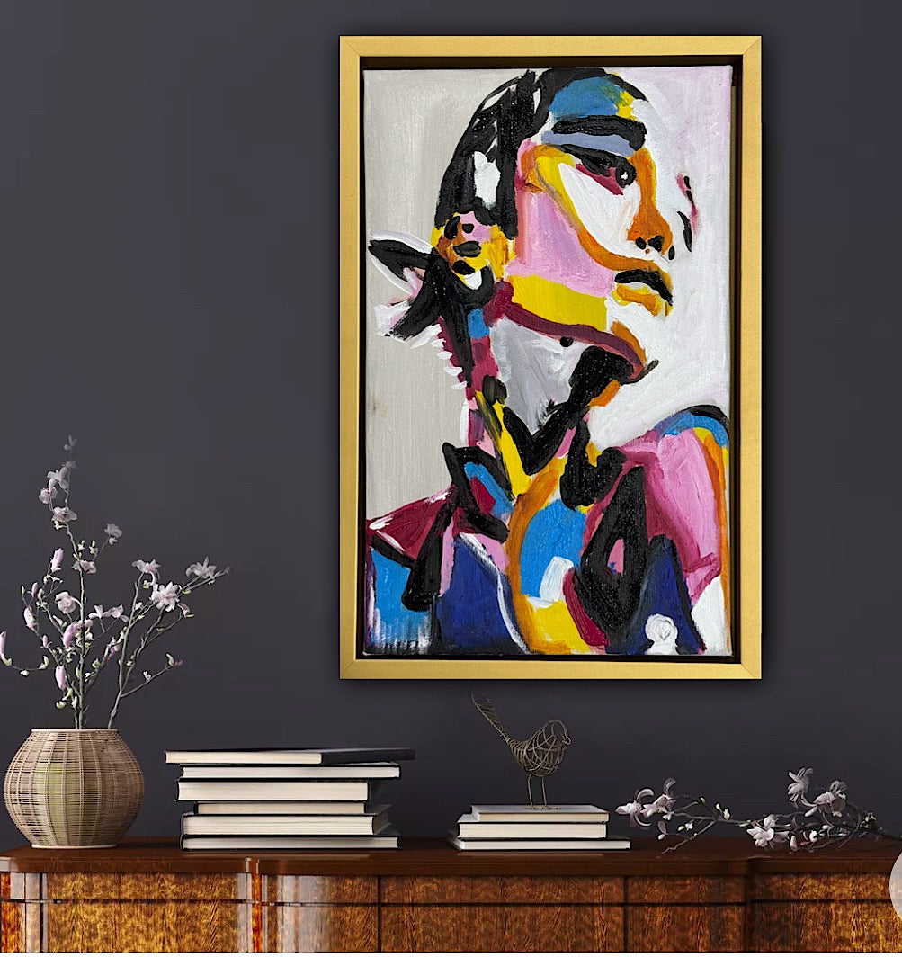 Framed in gold bronze Original Abstract Oil Painting On Canvas 36 x 24cm The Silent phoenix’ Girl Oka portrait