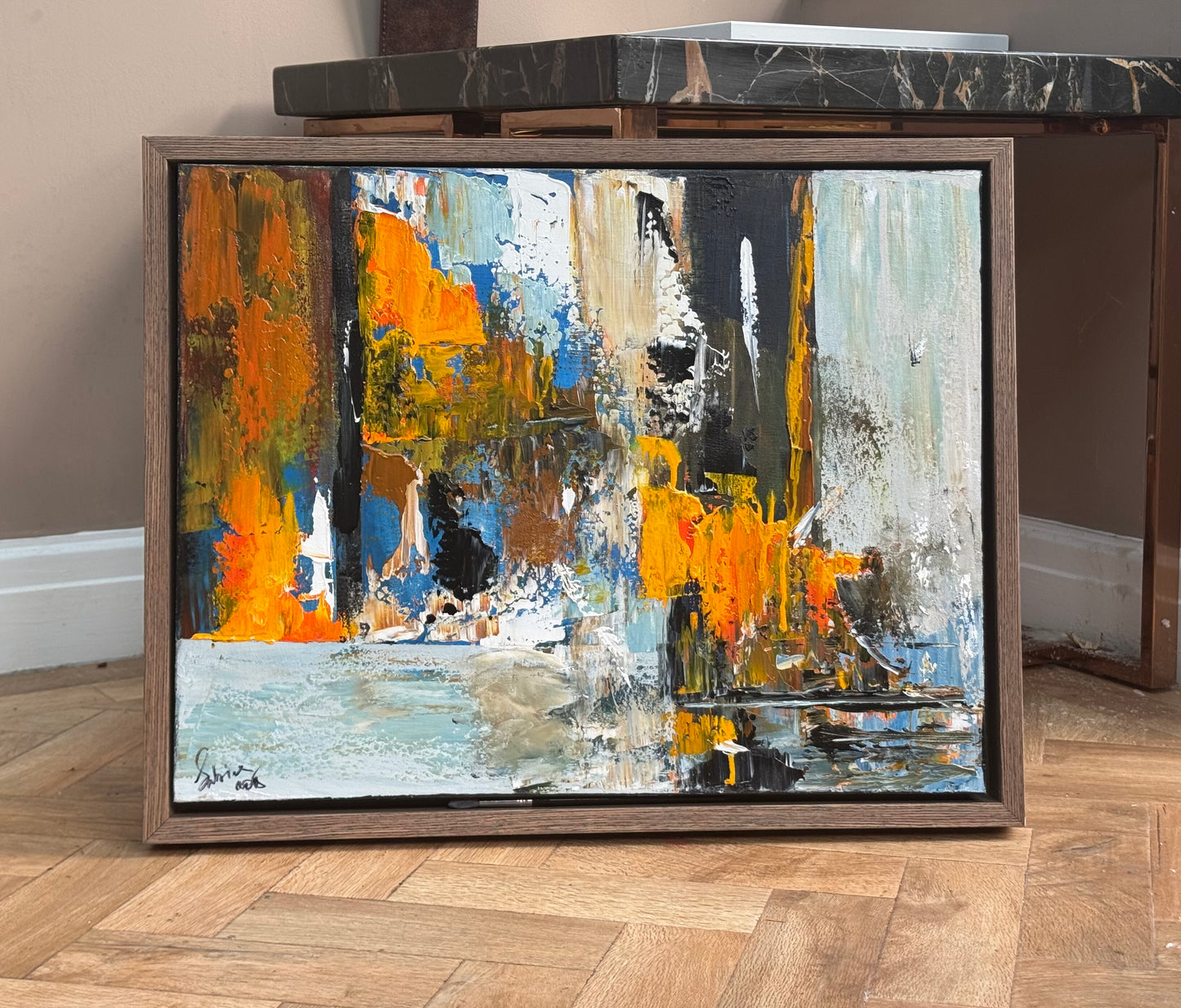 Framed Original Abstract contemporary Oil Painting On Canvas 60x50cm London Dusk Oka