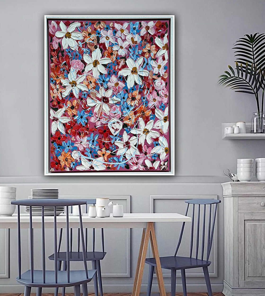 Original Abstract Oil Painting On Canvas 80 x 65cm Daisies in bloom textured framed