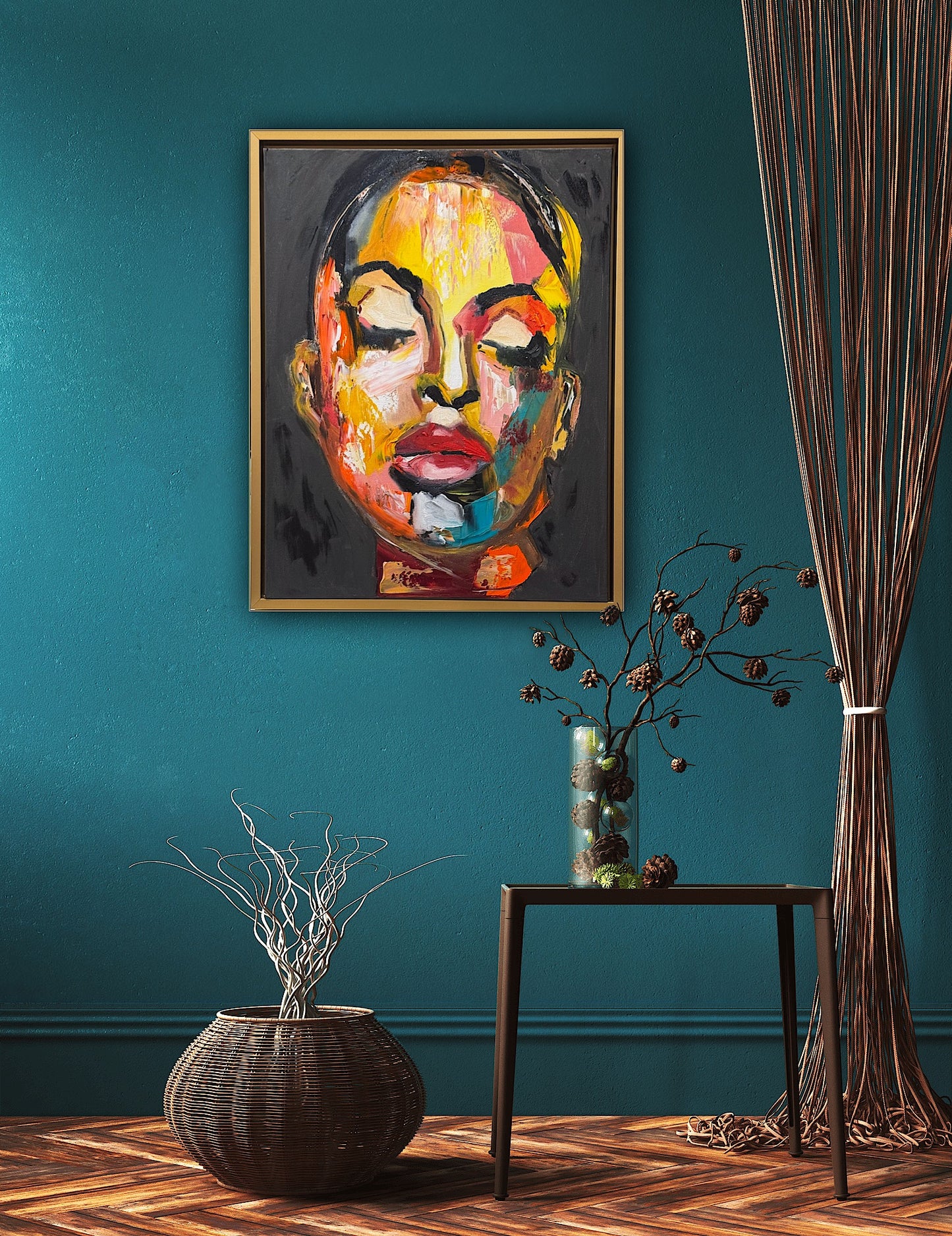 Framed in gold bronze Original Abstract Oil Painting On Canvas 57 x45cm The Beauty Queen’ Girl Oka portrait