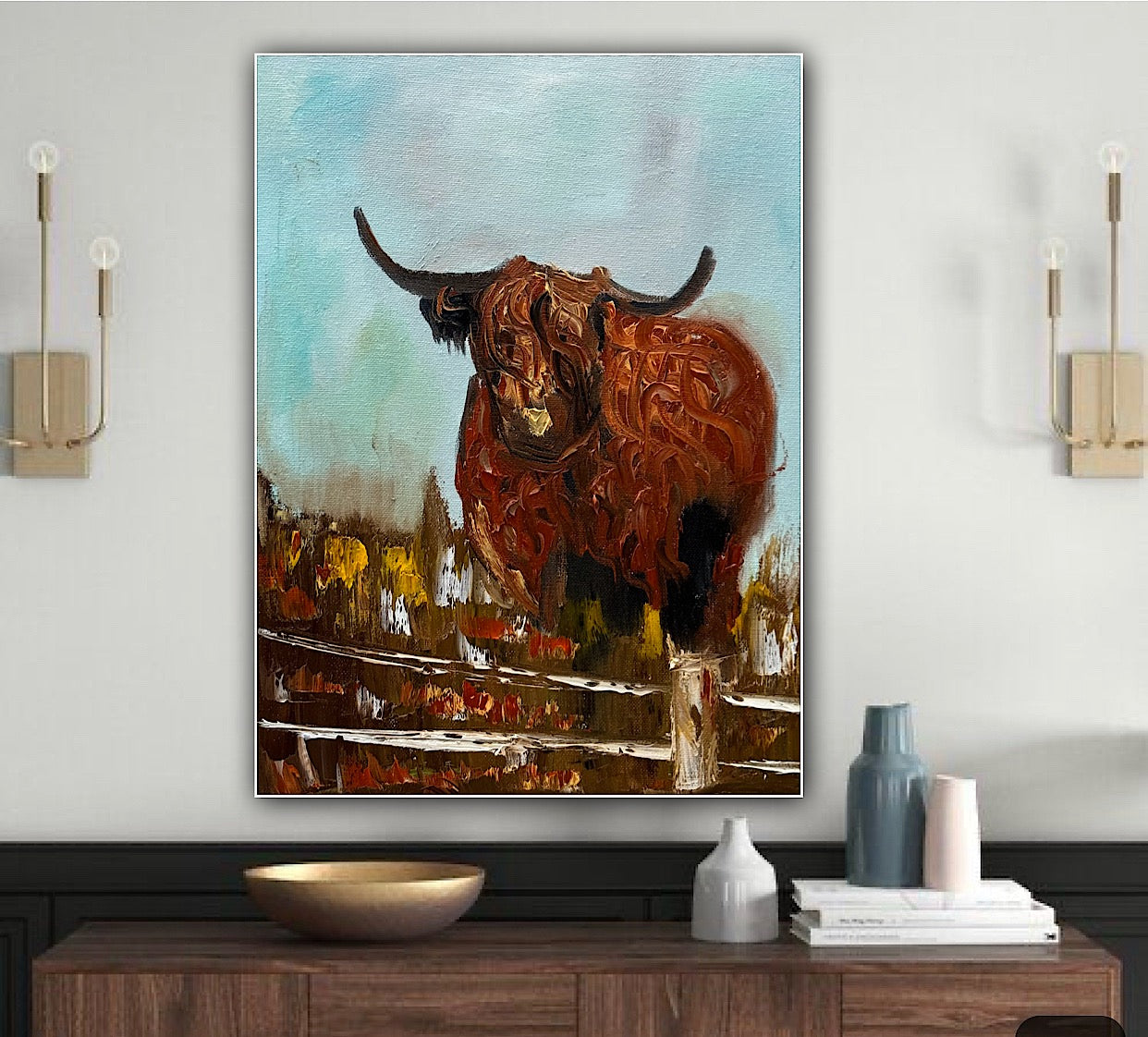 Abstract Original Oil Painting On 30 x 40cm Canvas Aboriginal highland cow ‘Bernie’ animal