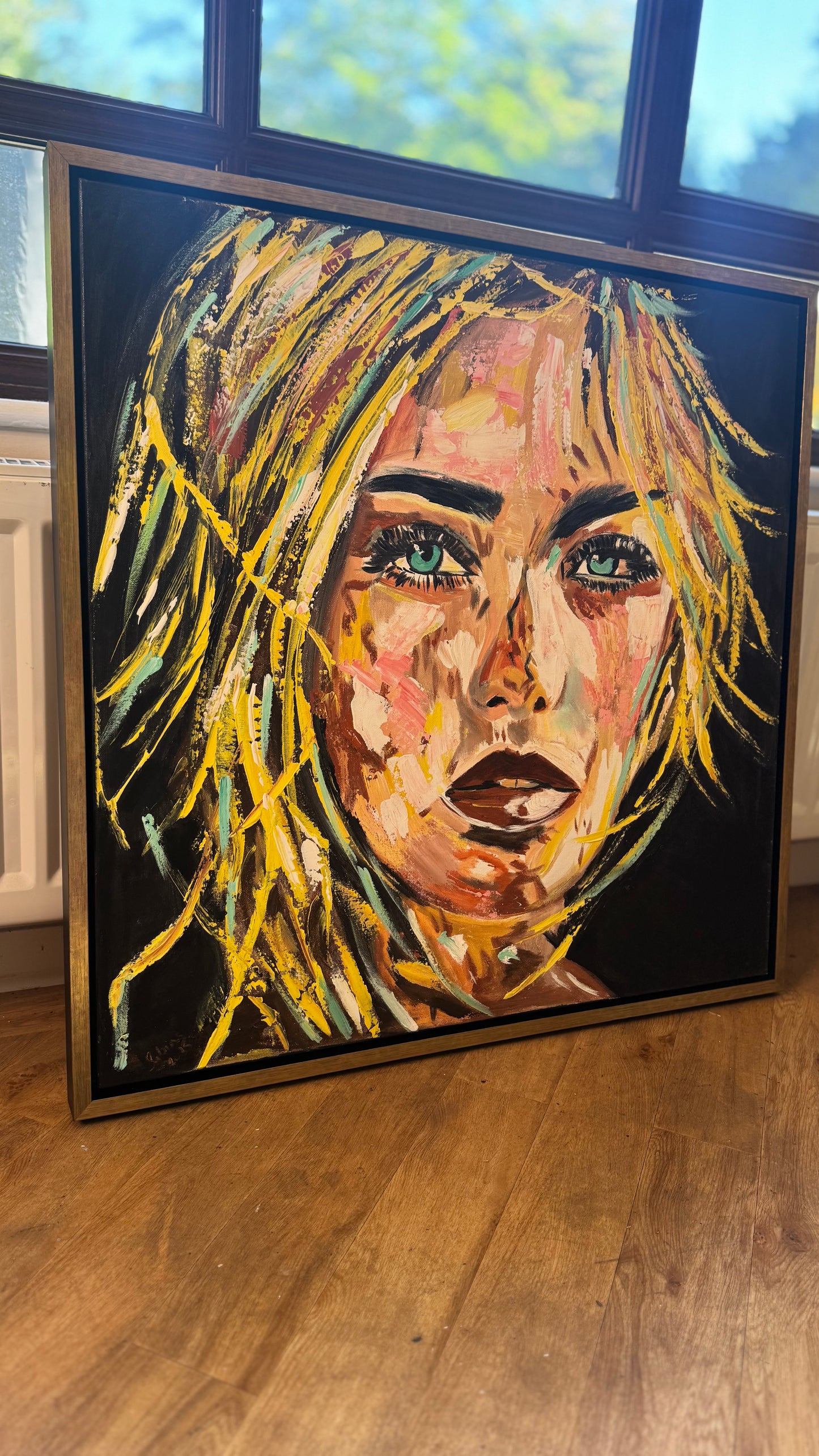 Contemporary Abstract Original Oil Painting On Canvas 90x90cm Blond girl ‘Luna’ woman’s portrait Framed