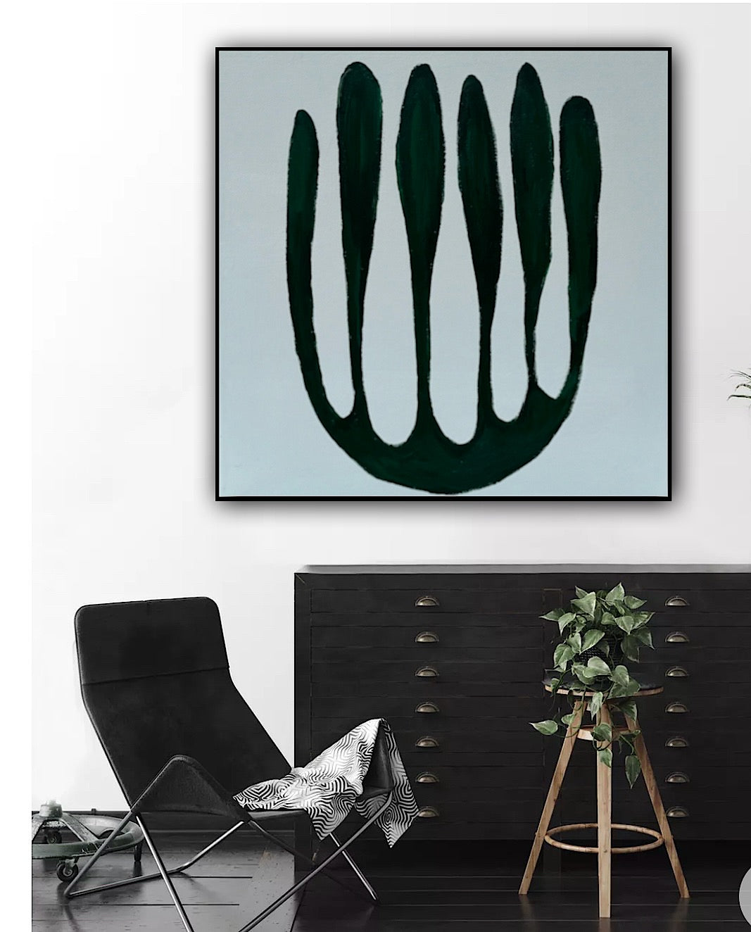 Eferi Plant Green & White Modern Abstract oil Painting On Canvas 40x40cm In Oka floral