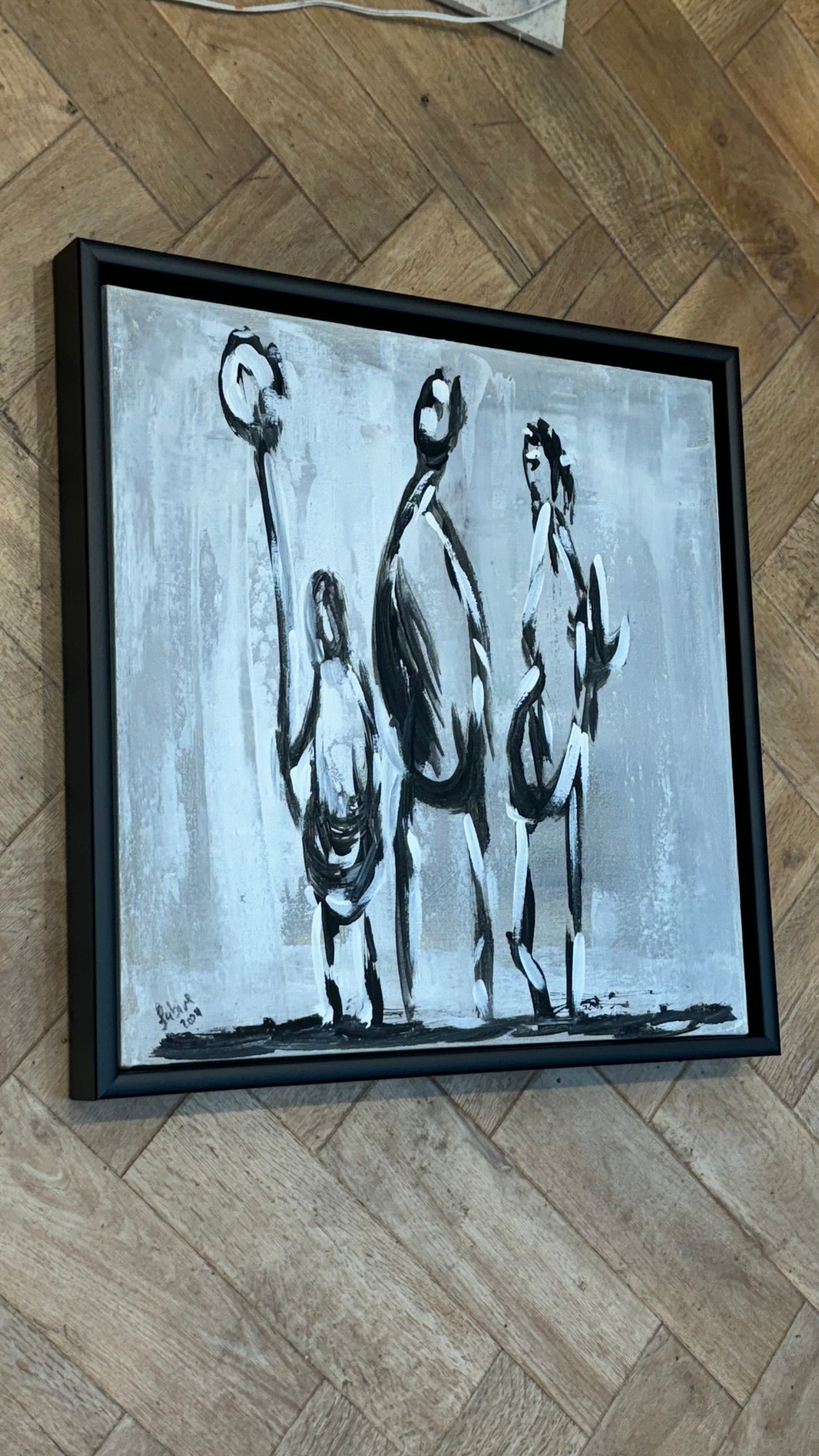 Framed in black Figurative Modern Abstract contemporary oil Painting On Canvas 42 x 42cm family